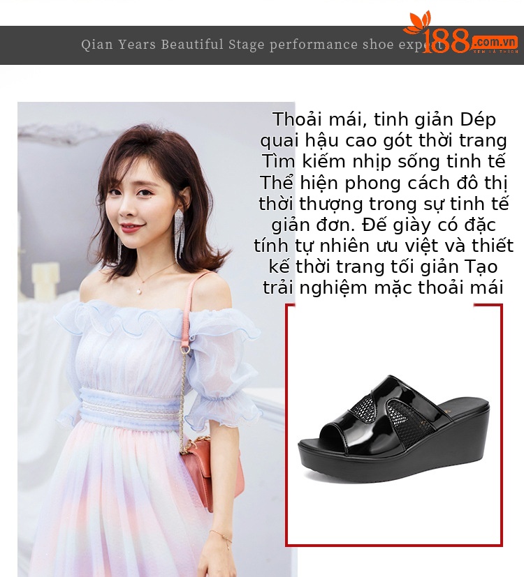 Dép sandal nữ đế xuồng platform dày, gót trung bình, mũi hở, quai chữ V, chất liệu da bóng lưới rỗng — Màu đen, Màu trắng, Màu đỏ chi tiết 2