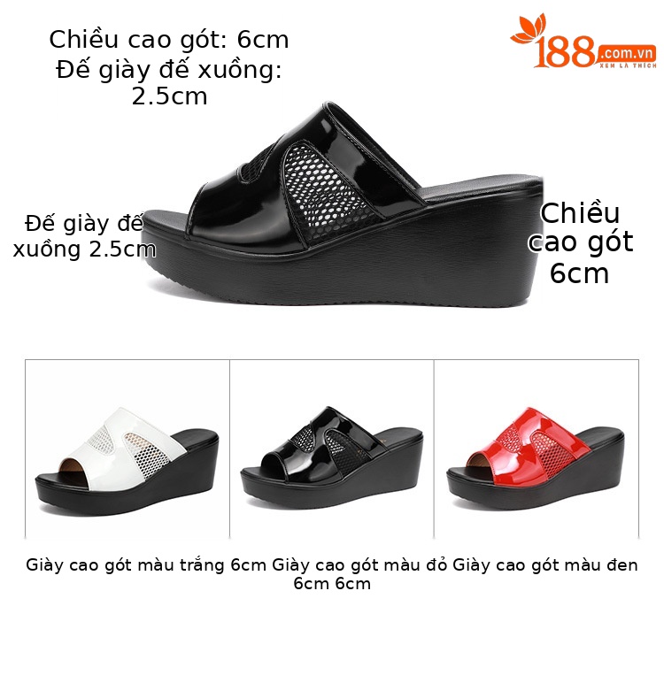 Dép sandal nữ đế xuồng platform dày, gót trung bình, mũi hở, quai chữ V, chất liệu da bóng lưới rỗng — Màu đen, Màu trắng, Màu đỏ chi tiết 5