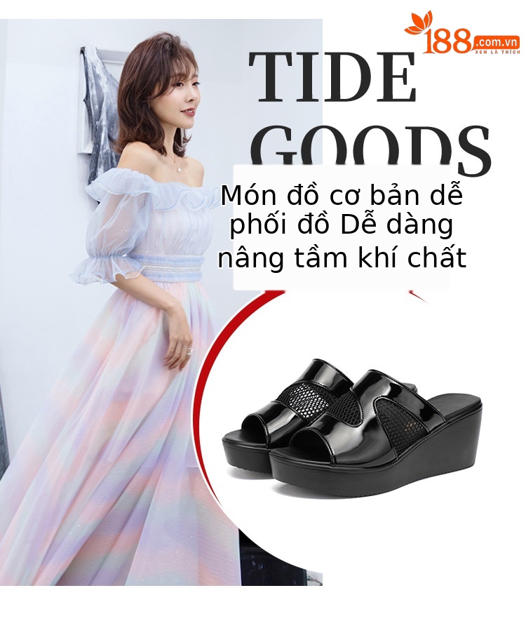 Dép sandal nữ đế xuồng platform dày, gót trung bình, mũi hở, quai chữ V, chất liệu da bóng lưới rỗng — Màu đen, Màu trắng, Màu đỏ chi tiết 6