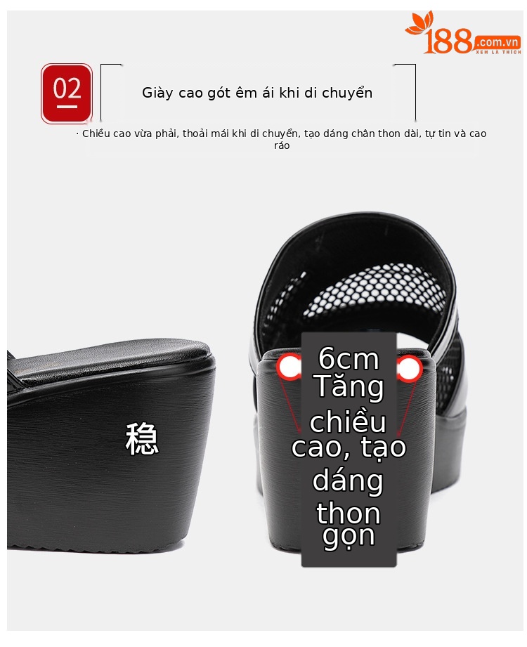 Dép sandal nữ đế xuồng platform dày, gót trung bình, mũi hở, quai chữ V, chất liệu da bóng lưới rỗng — Màu đen, Màu trắng, Màu đỏ chi tiết 7