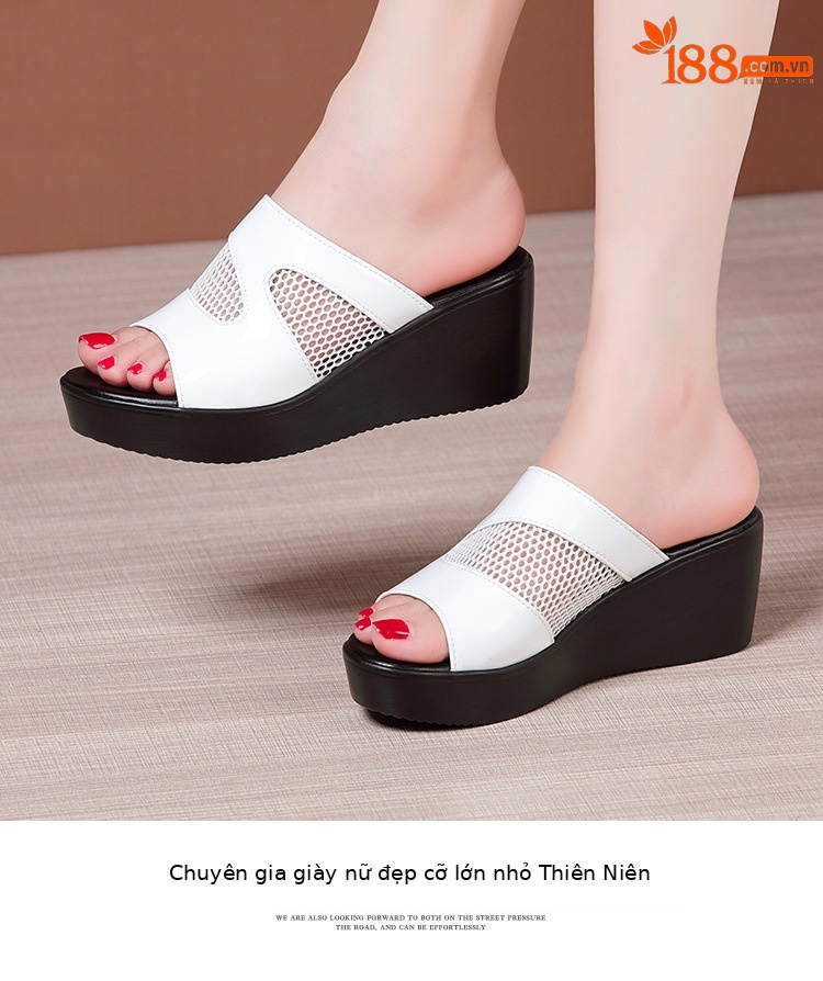 Dép sandal nữ đế xuồng platform dày, gót trung bình, mũi hở, quai chữ V, chất liệu da bóng lưới rỗng — Màu đen, Màu trắng, Màu đỏ chi tiết 11