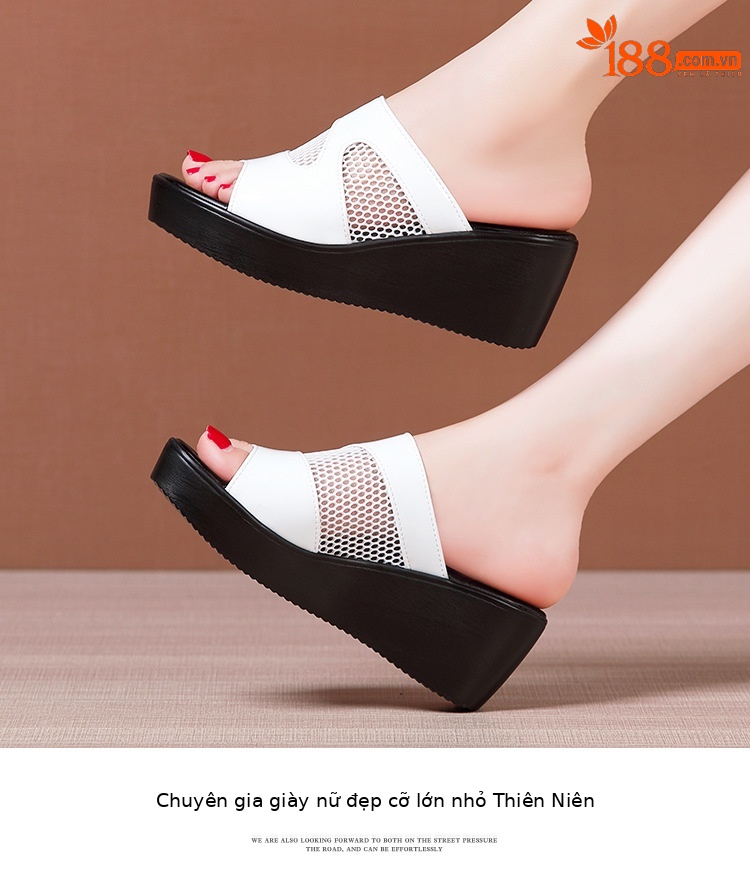 Dép sandal nữ đế xuồng platform dày, gót trung bình, mũi hở, quai chữ V, chất liệu da bóng lưới rỗng — Màu đen, Màu trắng, Màu đỏ chi tiết 12