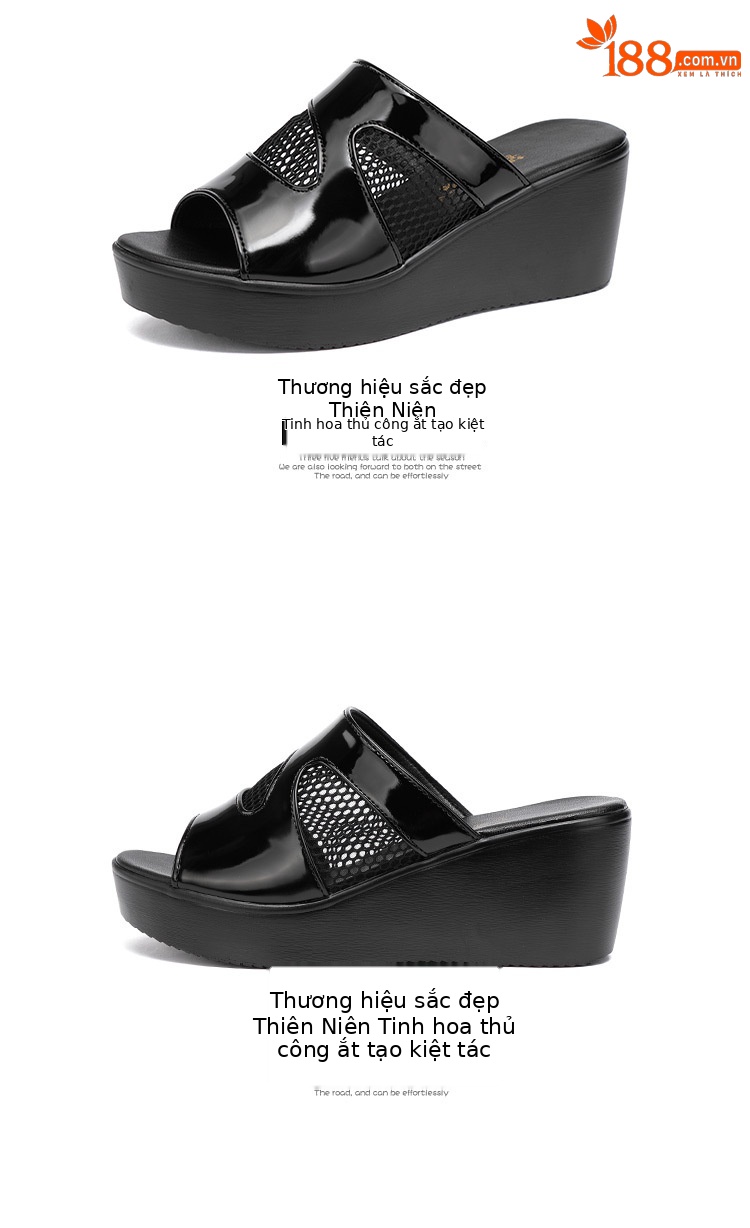 Dép sandal nữ đế xuồng platform dày, gót trung bình, mũi hở, quai chữ V, chất liệu da bóng lưới rỗng — Màu đen, Màu trắng, Màu đỏ chi tiết 13