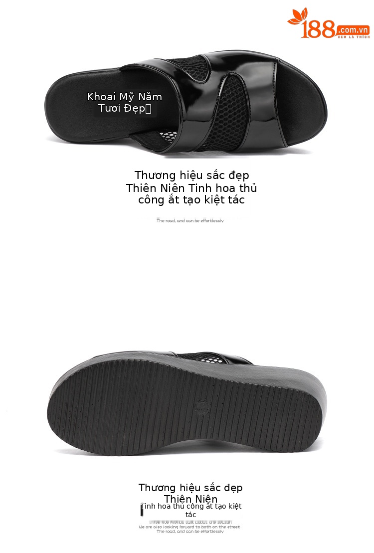 Dép sandal nữ đế xuồng platform dày, gót trung bình, mũi hở, quai chữ V, chất liệu da bóng lưới rỗng — Màu đen, Màu trắng, Màu đỏ chi tiết 14