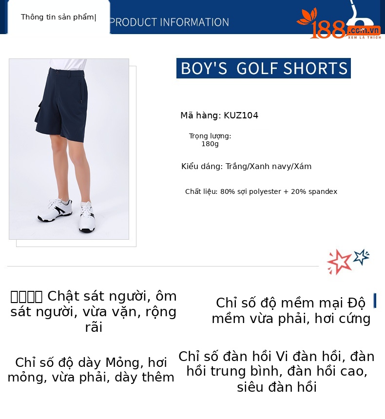 Quần short golf bé trai PGM co giãn thắt lưng thoáng khí nhanh khô — KUZ104 màu xám, KUZ104 màu xanh hải quân, KUZ104 màu trắng chi tiết 4