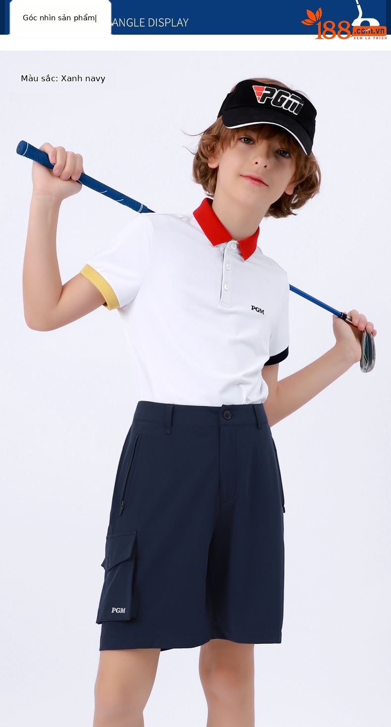 Quần short golf bé trai PGM co giãn thắt lưng thoáng khí nhanh khô — KUZ104 màu xám, KUZ104 màu xanh hải quân, KUZ104 màu trắng chi tiết 5