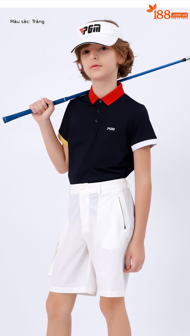 Quần short golf bé trai PGM co giãn thắt lưng thoáng khí nhanh khô — KUZ104 màu xám, KUZ104 màu xanh hải quân, KUZ104 màu trắng chi tiết 8
