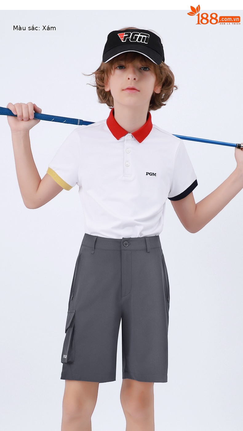 Quần short golf bé trai PGM co giãn thắt lưng thoáng khí nhanh khô — KUZ104 màu xám, KUZ104 màu xanh hải quân, KUZ104 màu trắng chi tiết 10