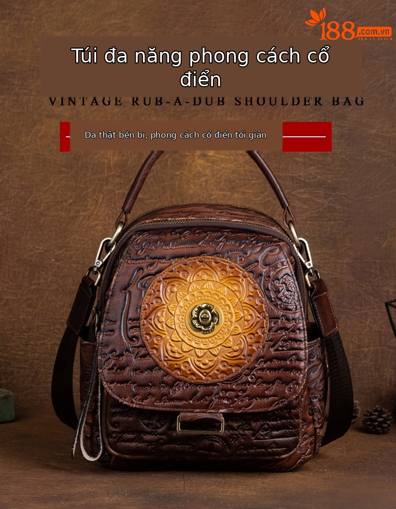 Túi đeo vai nữ da bò dập nổi cổ điển, phong cách Trung Quốc, đánh bóng màu da thực vật — Xám cổ điển, Nâu cổ điển chi tiết 1