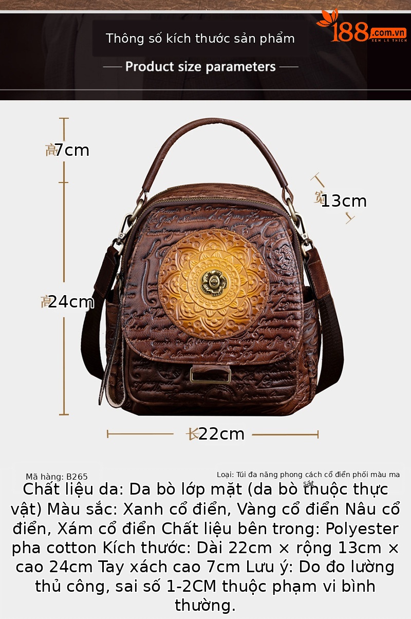 Túi đeo vai nữ da bò dập nổi cổ điển, phong cách Trung Quốc, đánh bóng màu da thực vật — Xám cổ điển, Nâu cổ điển chi tiết 7