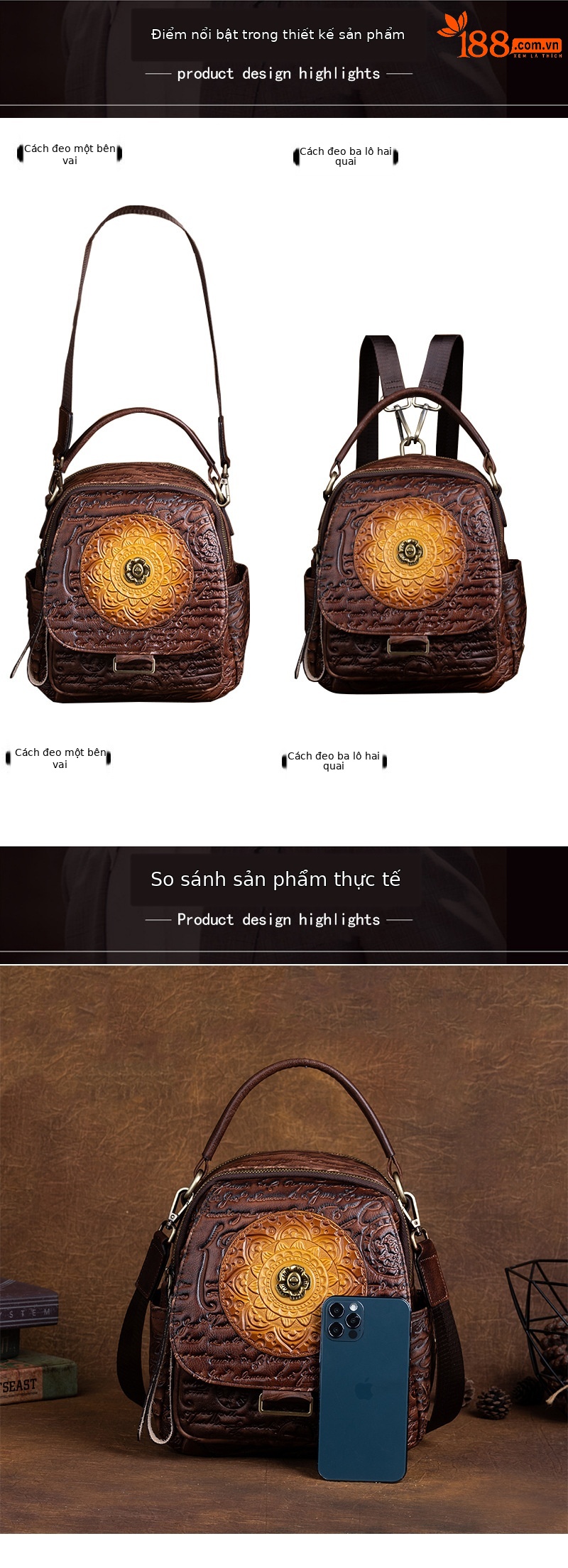 Túi đeo vai nữ da bò dập nổi cổ điển, phong cách Trung Quốc, đánh bóng màu da thực vật — Xám cổ điển, Nâu cổ điển chi tiết 8
