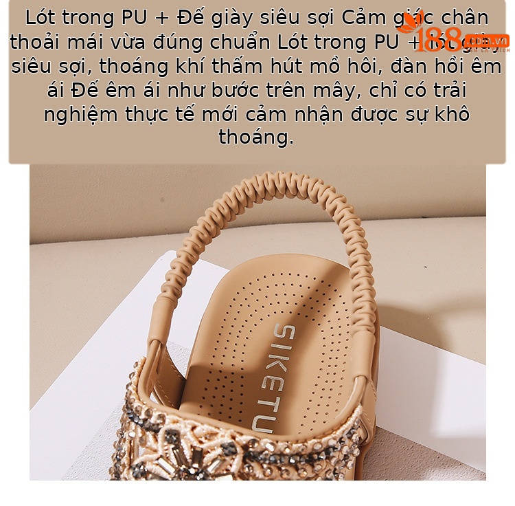Sandal nữ đế xuồng đính đá pha lê phong cách cổ điển châu Âu mềm mại thoải mái — Màu nâu, Màu đen, Bảo hành một năm, Màu mơ chi tiết 5