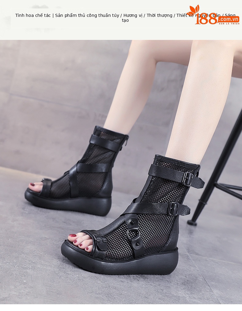 Giày sandal nữ da bò thật đế dày phong cách La Mã, mũi hở lưới thoáng — Màu đen chi tiết 1
