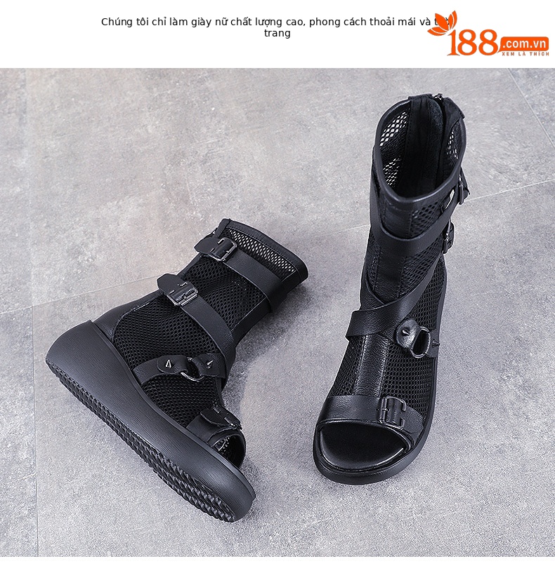 Giày sandal nữ da bò thật đế dày phong cách La Mã, mũi hở lưới thoáng — Màu đen chi tiết 2