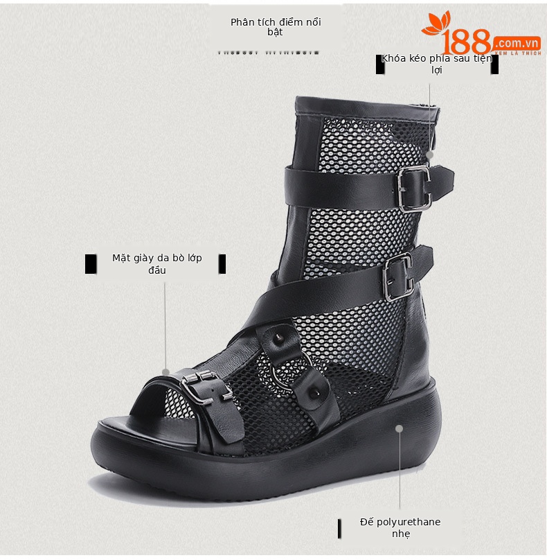 Giày sandal nữ da bò thật đế dày phong cách La Mã, mũi hở lưới thoáng — Màu đen chi tiết 3