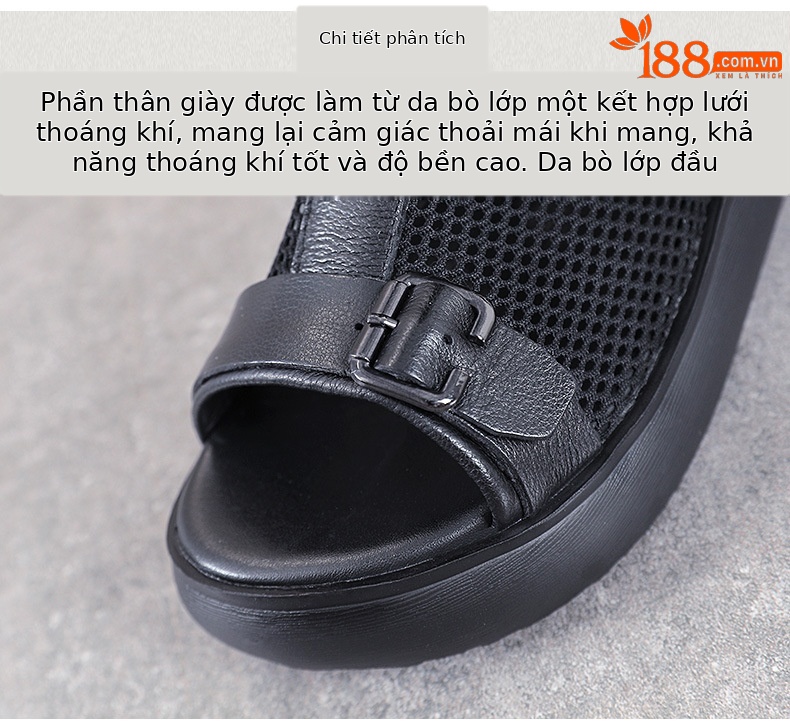 Giày sandal nữ da bò thật đế dày phong cách La Mã, mũi hở lưới thoáng — Màu đen chi tiết 4