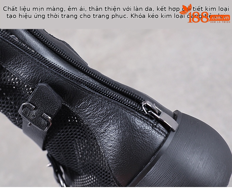 Giày sandal nữ da bò thật đế dày phong cách La Mã, mũi hở lưới thoáng — Màu đen chi tiết 6