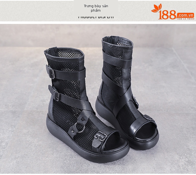 Giày sandal nữ da bò thật đế dày phong cách La Mã, mũi hở lưới thoáng — Màu đen chi tiết 9
