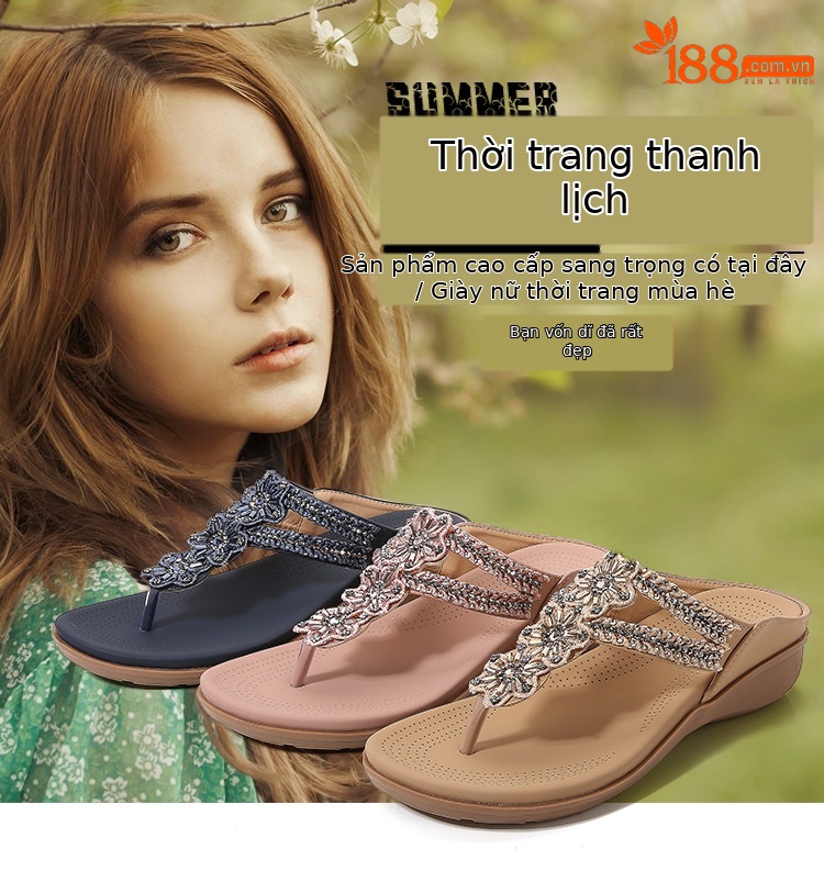 Dép sandal nữ xỏ ngón đế bệt họa tiết hoa retro đính đá phong cách châu Âu — Thoải mái/chống trượt/sau khi bán lẻ, Màu hồng, Màu xanh ngọc, Màu mơ chi tiết 1