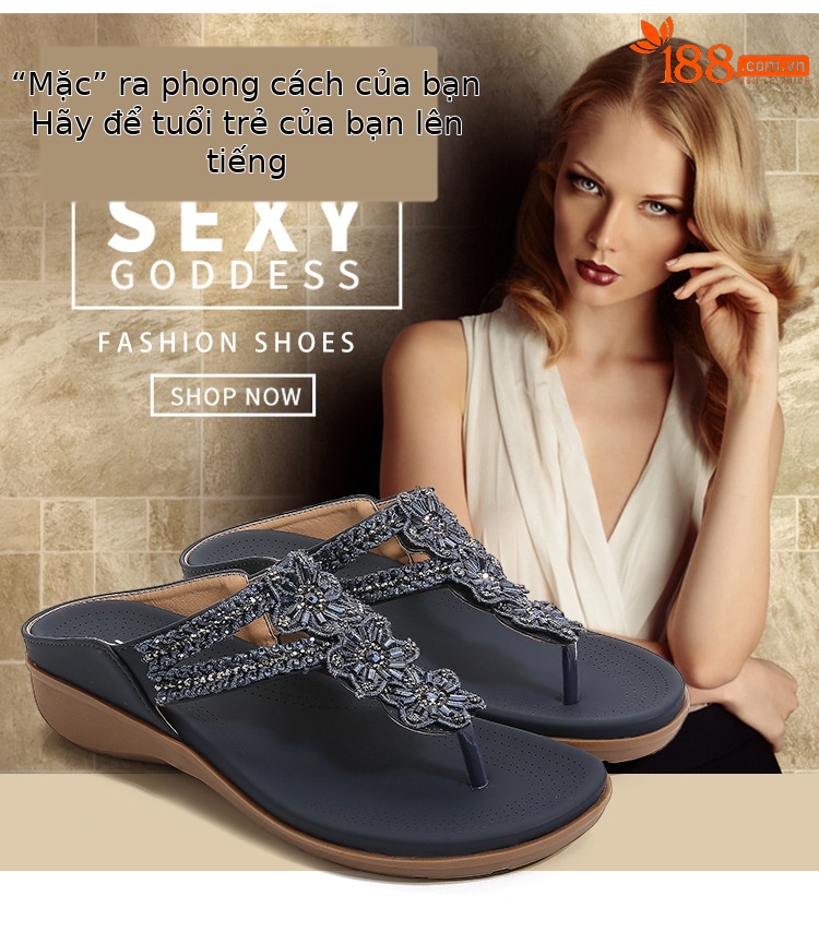 Dép sandal nữ xỏ ngón đế bệt họa tiết hoa retro đính đá phong cách châu Âu — Thoải mái/chống trượt/sau khi bán lẻ, Màu hồng, Màu xanh ngọc, Màu mơ chi tiết 2