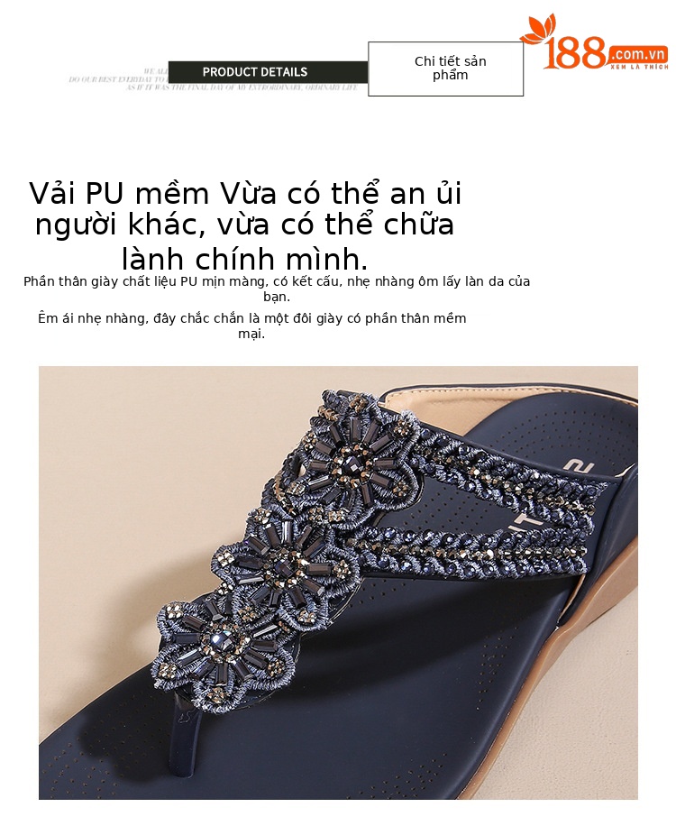 Dép sandal nữ xỏ ngón đế bệt họa tiết hoa retro đính đá phong cách châu Âu — Thoải mái/chống trượt/sau khi bán lẻ, Màu hồng, Màu xanh ngọc, Màu mơ chi tiết 5