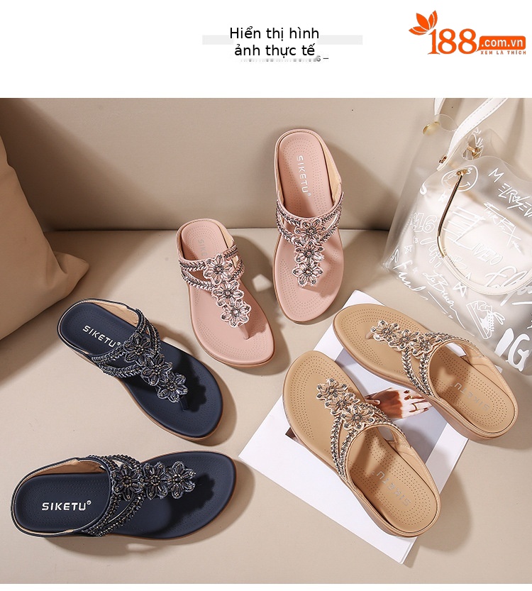 Dép sandal nữ xỏ ngón đế bệt họa tiết hoa retro đính đá phong cách châu Âu — Thoải mái/chống trượt/sau khi bán lẻ, Màu hồng, Màu xanh ngọc, Màu mơ chi tiết 31