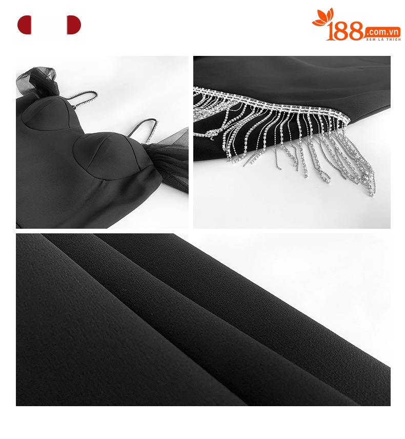 Váy maxi nữ thắt eo phong cách quý tộc, cổ yếm dây quai, tua rua không đối xứng, phù hợp dáng người nhỏ nhắn — Màu đen chi tiết 3