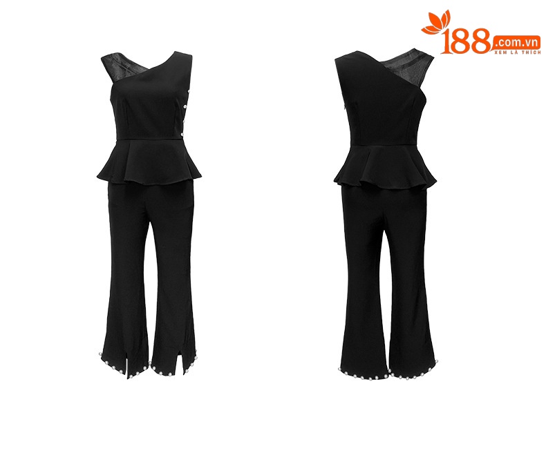 Bộ vest nữ công sở hè áo bèo nhún quần ống loe hai mảnh — Màu đen chi tiết 4