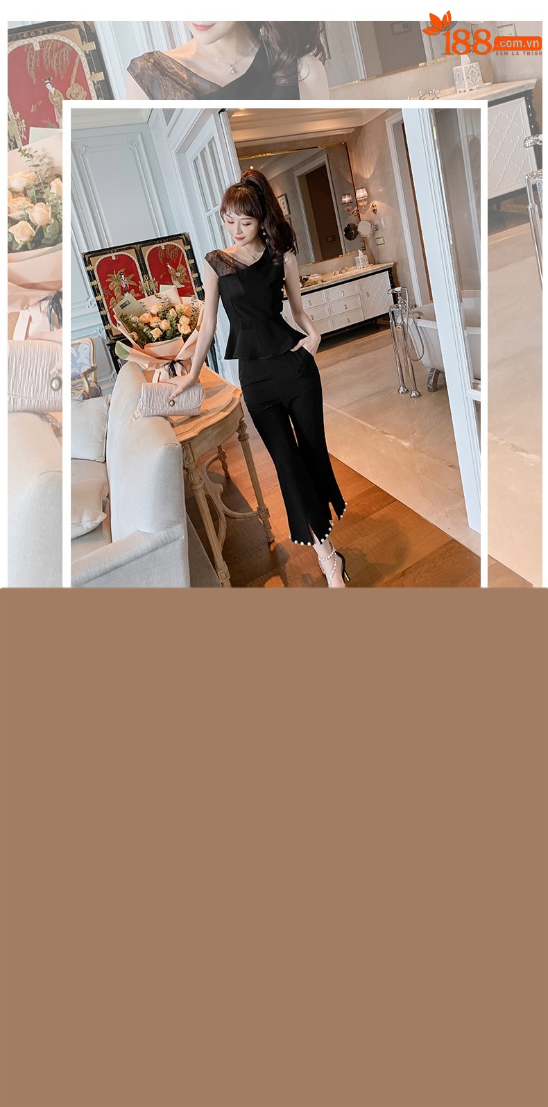 Bộ vest nữ công sở hè áo bèo nhún quần ống loe hai mảnh — Màu đen chi tiết 1