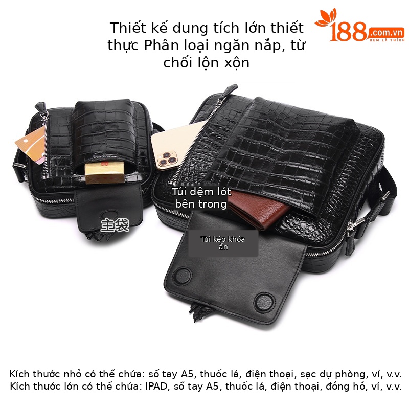 Túi đeo chéo nam da họa tiết cá sấu phong cách cổ điển, kiểu dáng messenger ngang, dung tích lớn