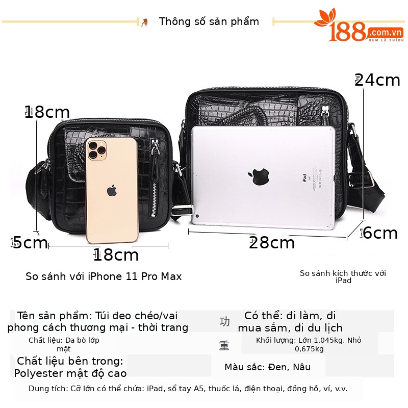 Túi đeo chéo nam da họa tiết cá sấu phong cách cổ điển, kiểu dáng messenger ngang, dung tích lớn