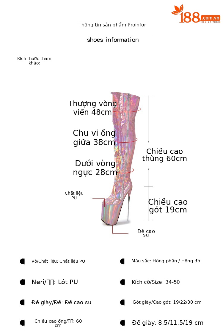 Boot nữ ống dài quá đầu gối gót thép 20 cm, khóa kéo, cỡ lớn 35–50 — Màu hồng chi tiết 2