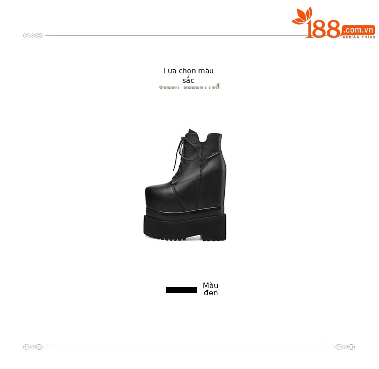 Boot nữ dây buộc đế dày chống thấm, gót trong 18 cm tăng chiều cao — Màu đen lót nhung chi tiết 2