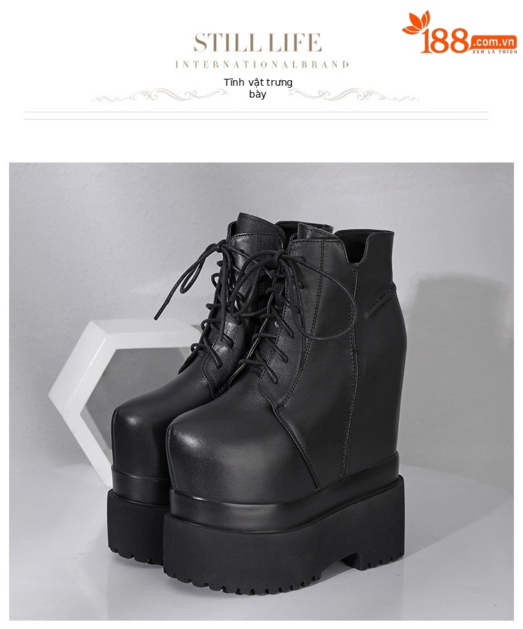 Boot nữ dây buộc đế dày chống thấm, gót trong 18 cm tăng chiều cao — Màu đen lót nhung chi tiết 8