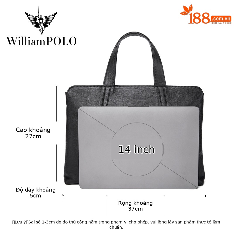 Cặp da nam công sở Emperor Paul da bò thật, đựng laptop 14 inch, tay xách