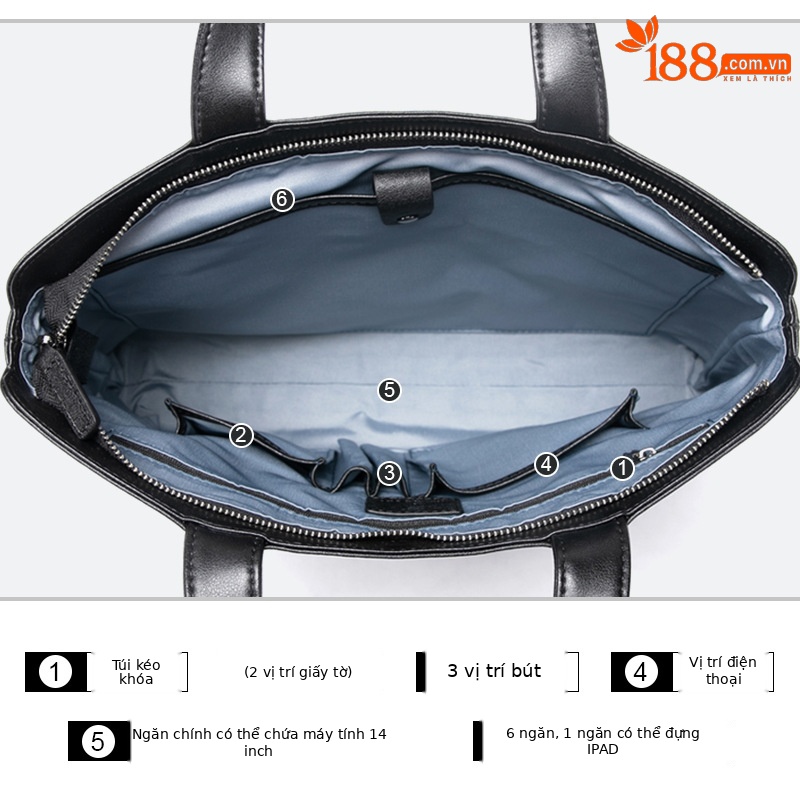 Cặp da nam công sở Emperor Paul da bò thật, đựng laptop 14 inch, tay xách