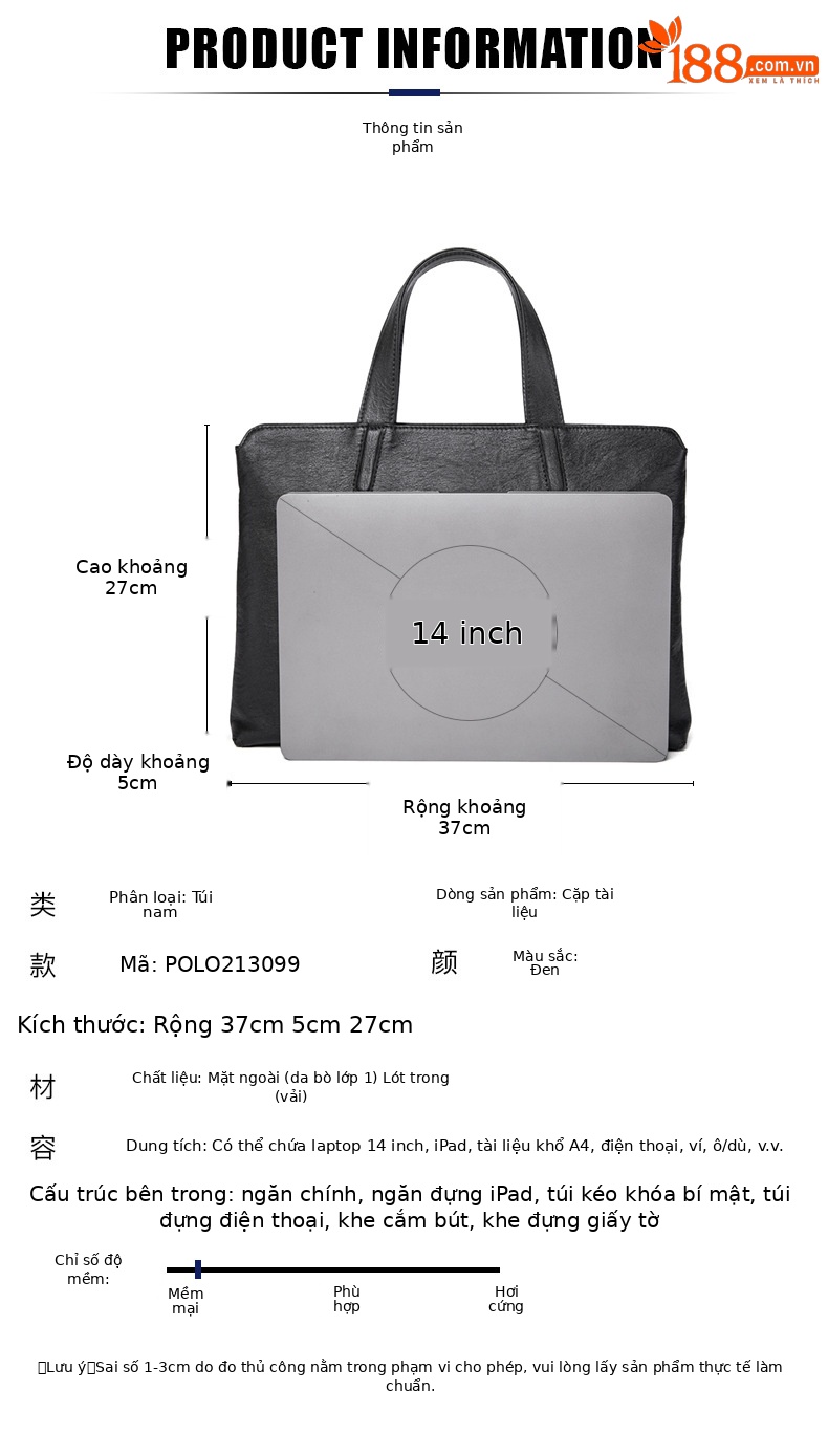 Cặp da nam công sở Emperor Paul da bò thật, đựng laptop 14 inch, tay xách chi tiết 7