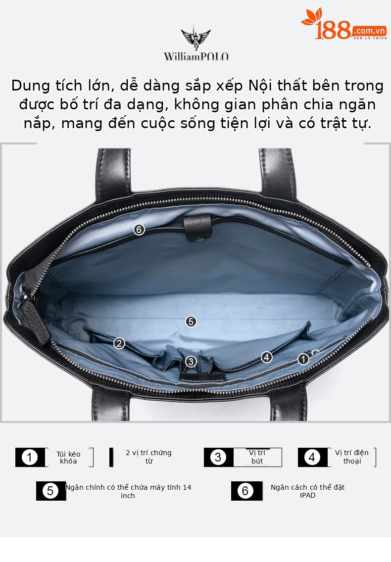 Cặp da nam công sở Emperor Paul da bò thật, đựng laptop 14 inch, tay xách chi tiết 8