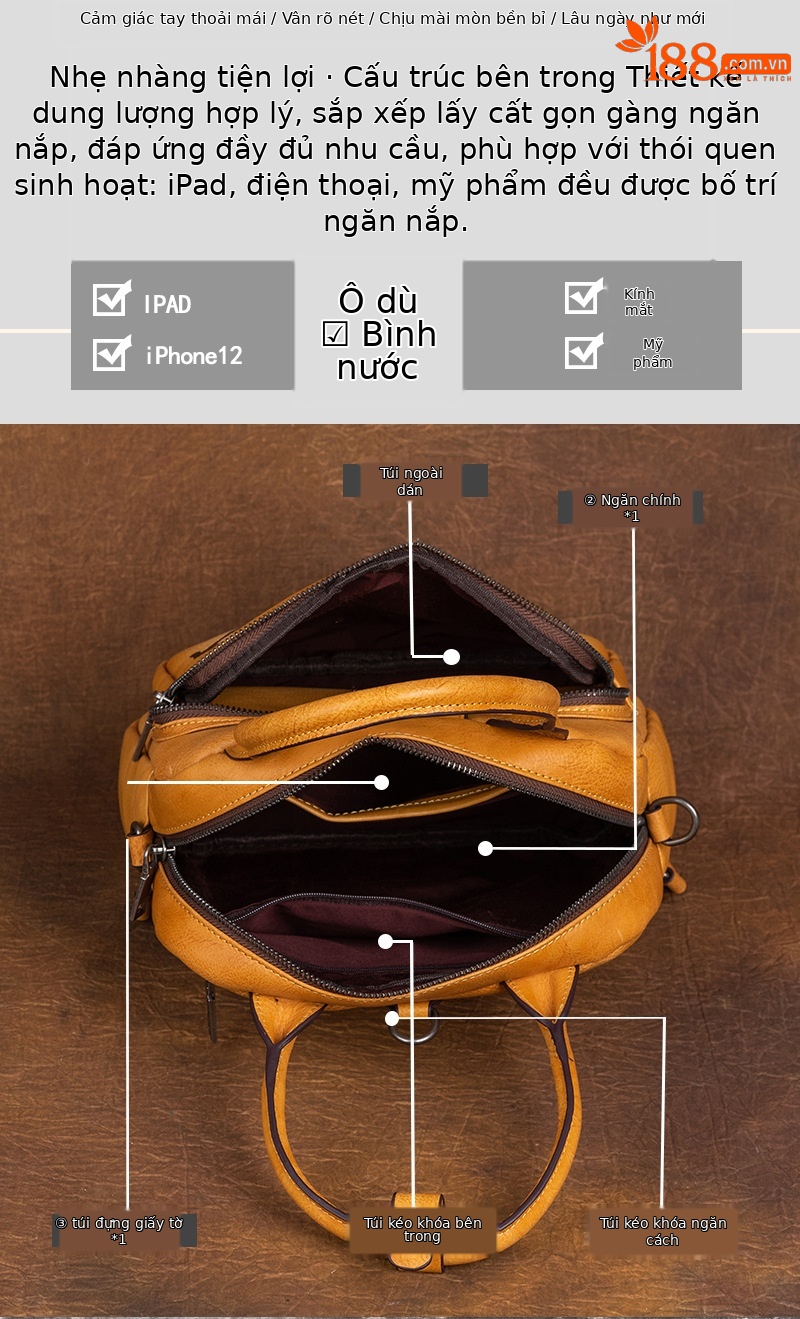 Ba lô da mini nữ phong cách cổ điển da thuộc thực vật — Vàng cổ điển, Nâu cổ điển, Nâu đỏ cổ điển, Xám cổ điển chi tiết 6