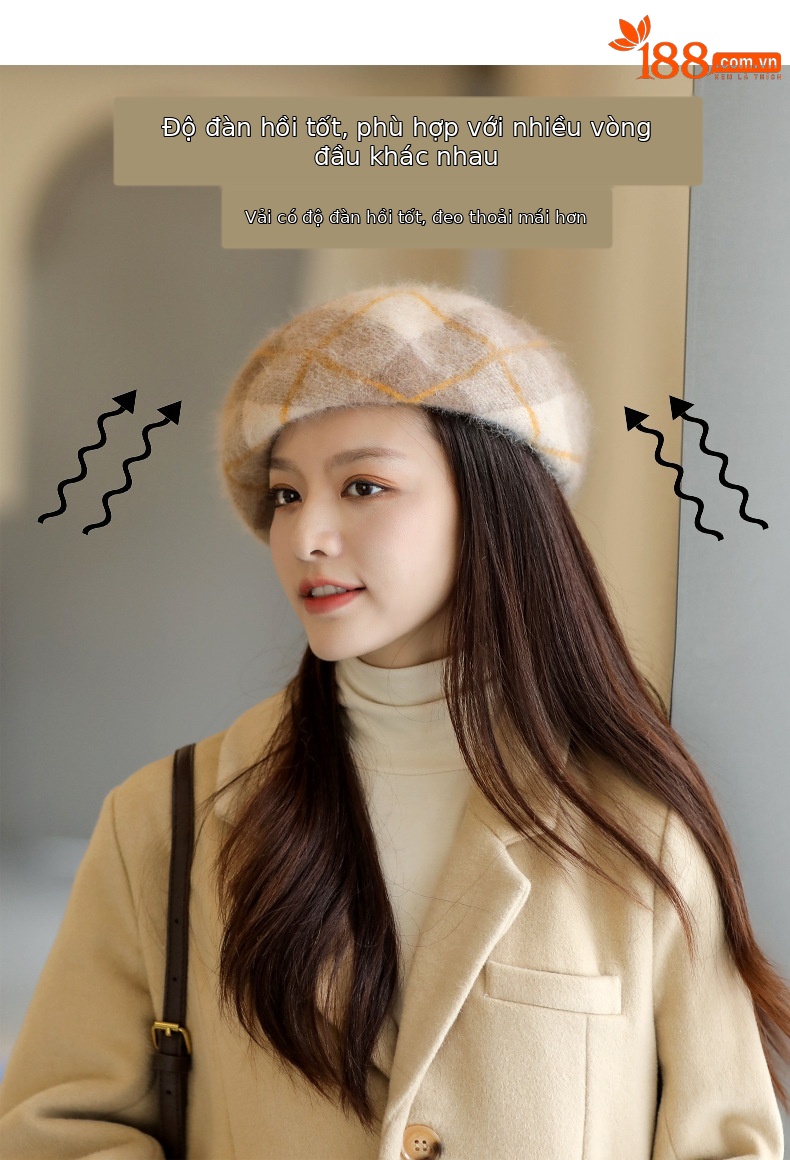 Mũ nồi beret nữ thu đông phong cách bí ngô phồng, giữ ấm tai, lông thỏ mềm mại — Màu đen chi tiết 8