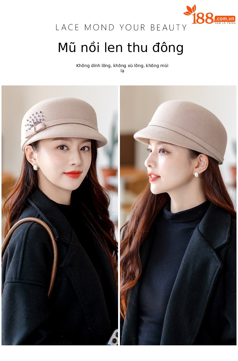 Mũ beret len nữ mùa thu đông phong cách Anh, nỉ len giản dị, đa năng thời trang, ôm mặt — Màu đen chi tiết 6