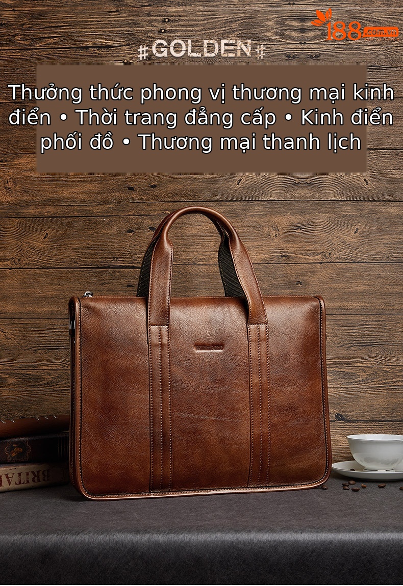 Cặp da nam công sở Hoàng Đế Paul đựng laptop 14 inch nhiều ngăn — Màu nâu, Màu cà phê đậm chi tiết 1