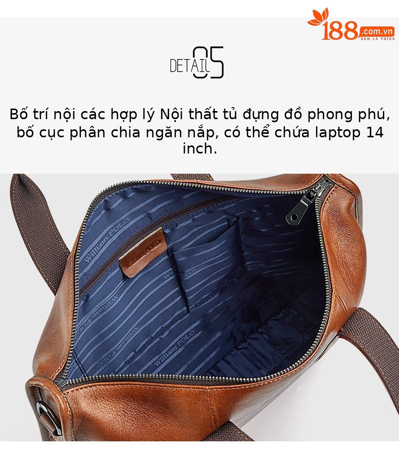 Cặp da nam công sở Hoàng Đế Paul đựng laptop 14 inch nhiều ngăn — Màu nâu, Màu cà phê đậm chi tiết 9