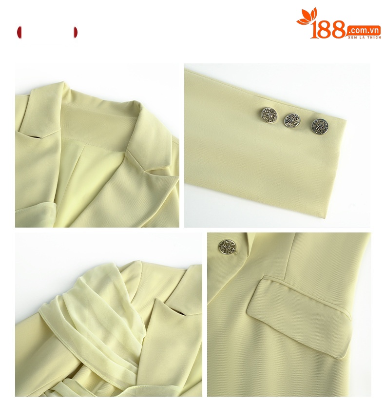 Bộ vest nữ công sở áo blazer phối quần ống rộng hai món — Màu vàng chi tiết 3