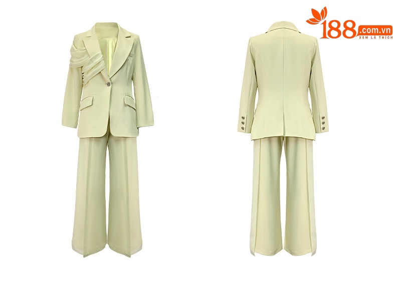 Bộ vest nữ công sở áo blazer phối quần ống rộng hai món — Màu vàng chi tiết 5
