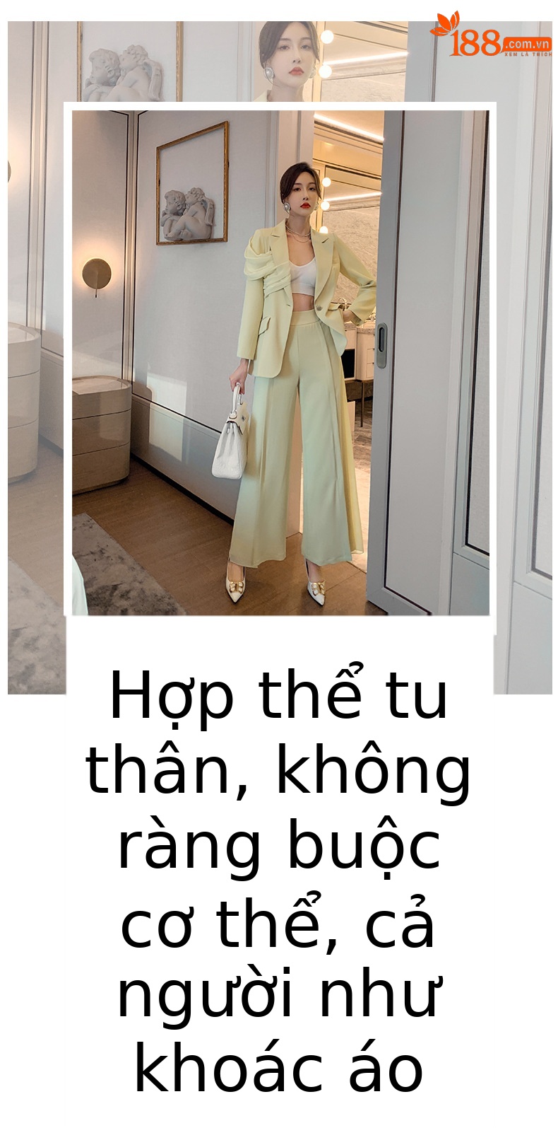 Bộ vest nữ công sở áo blazer phối quần ống rộng hai món — Màu vàng chi tiết 1