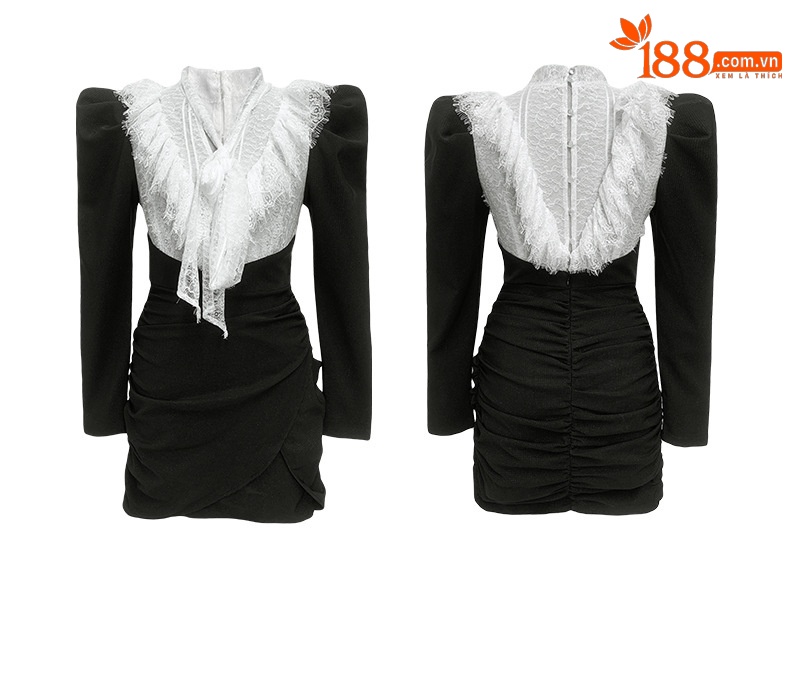 Đầm bodycon nữ thiết kế kiểu Pháp ren nơ ôm vừa vặn — Màu đen chi tiết 3