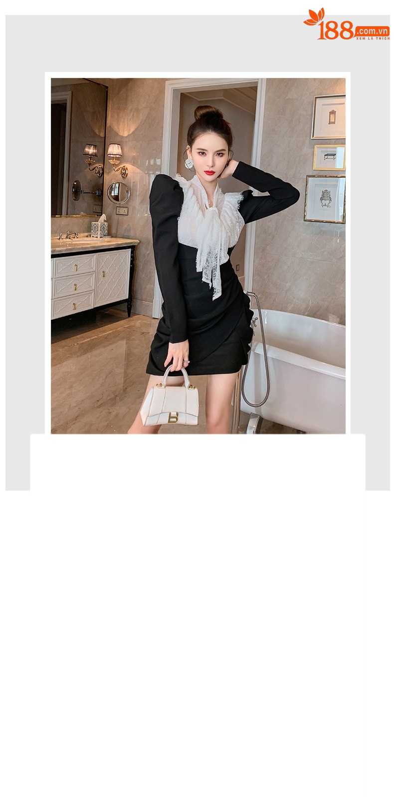 Đầm bodycon nữ thiết kế kiểu Pháp ren nơ ôm vừa vặn — Màu đen chi tiết 1