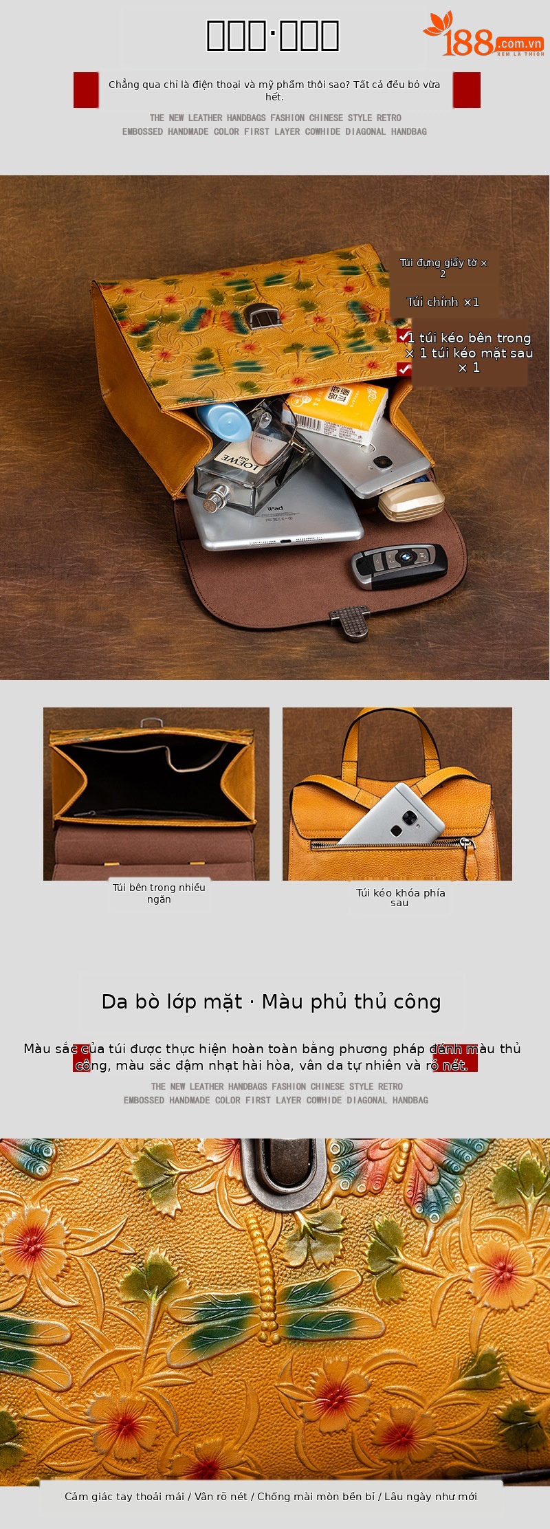 Ba lô da bò đa năng phong cách cổ điển, túi da thuộc thực vật — Nâu cổ điển, Nâu đỏ cổ điển, Xám cổ điển, Vàng cổ điển chi tiết 4
