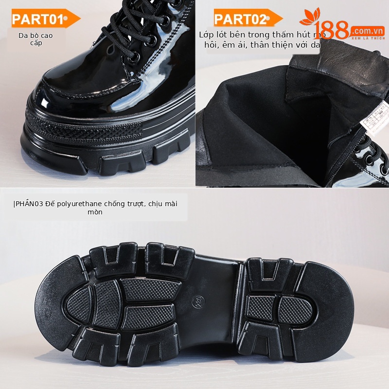 Boot nữ da sáng chế đế dày ống ngắn phong cách Anh — Màu đen